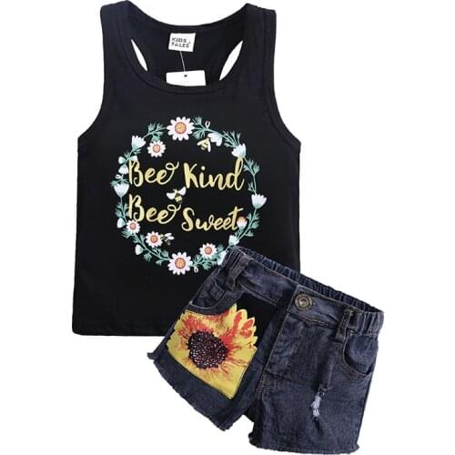 Summer Baby Girls Clothes Sets Children Clothing Set Casual Printed T shirt Denim Shorts Suit Girls Princess Vest T-shirt Shorts