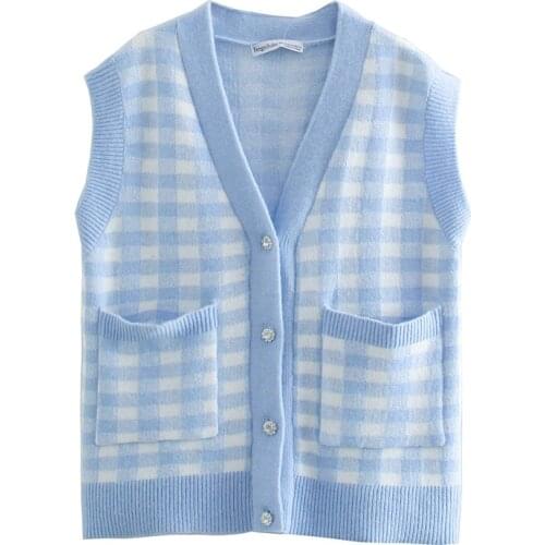 FASHION 2021 za women waistcoat winter clothes Light blue check cardigan knitted vest chic female Pullovers