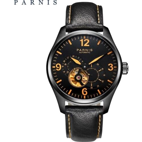 Parnis 44mm Black Case Mens Wristwatch Leather Strap Mechanical Automatic Watches Sapphire Glass Watch for Men Relogio Masculino