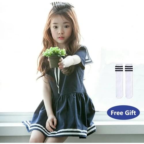 2020 Summer New Girl Korean Style Short Sleeves Mini Dress Kid Sailor Collar One-Piece Girls Preppy Style Children Clothing