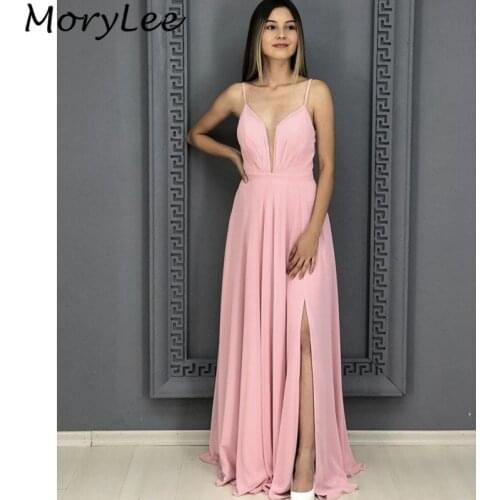 Pink Prom Dresses Fashion Spaghetti Straps A-Line Side Slit Chiffon Prom Dresses With Zipper Back vestidos de fiesta de noche