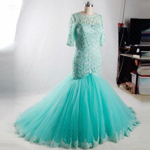 RSE287 High Quality Yiaibridal Boat Neckline Half Sleeves Mint Green Lace Sexy Mermaid Wedding Dress