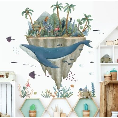 Blue Whale Around The Island Wall Mural Cute Fishes And Flamingo Wallpaper Hot Sale Home Decoration For Kids Room Stickers