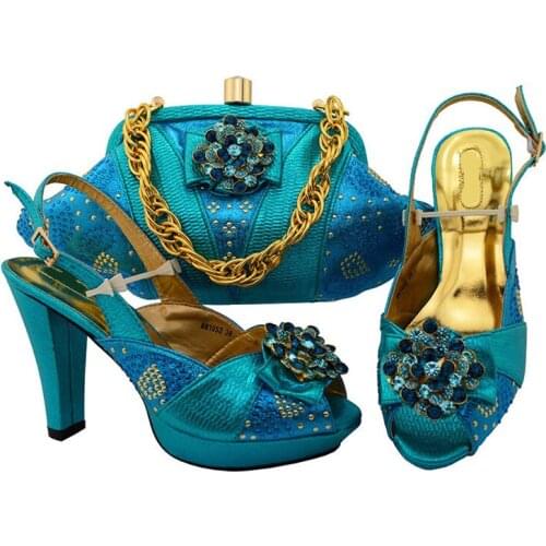 Nice looking blue women shoes with rhinestone and big crystal african pumps match handbag set for dress MM1052,heel 11CM