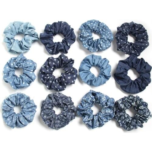 Furling Girl 1PC Polka Dots Jeans Fabric Elastic Hair Bands Star Hair Scrunchies Anchor Strips Paisley Check Designs Hair Ties