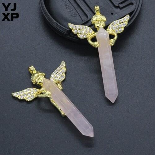 YJXP Rose Quartzs Hexagon Prism Light Yellow Gold Freedom Angel Wings With Exclusive Rhinestone Guardian Pendant Charms Jewelry