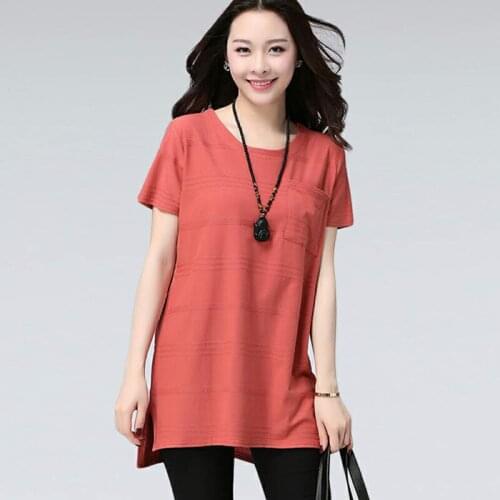 Women Spring Summer Style Cotton Blouses Shirts Lady Casual Short Sleeve O-Neck Long Style Blusas Tops with Pocket DD8174