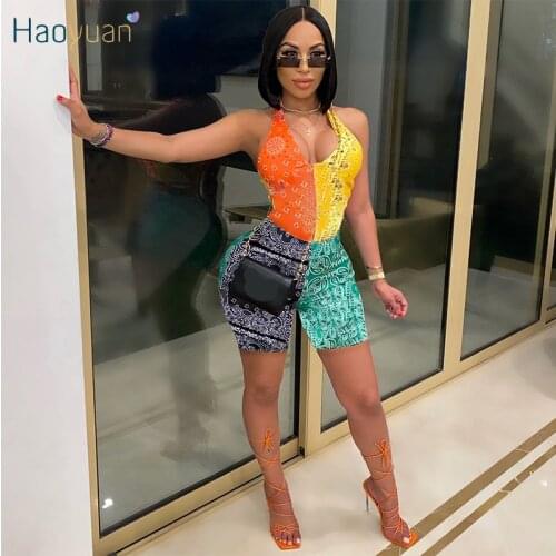 HAOYUAN Sexy Bandana Print Bodycon Playsuit Backless Bodycon Short Rompers Summer Clothes for Women One Piece Night Club Outfits