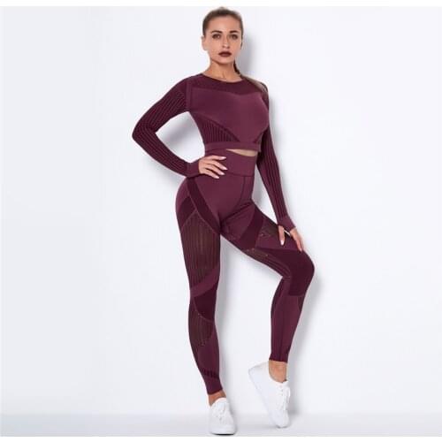 2 Piece Seamless Women Yoga Set Sport Suits Gym Workout Clothes Long Sleeve Crop Top + High Waist Running Leggings Fitness Set