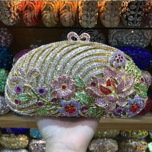Women gold purple green Clutch Bags Full Crystal flower print Evening Bags Party Purse Ladies Wedding Clutches With Long Chain