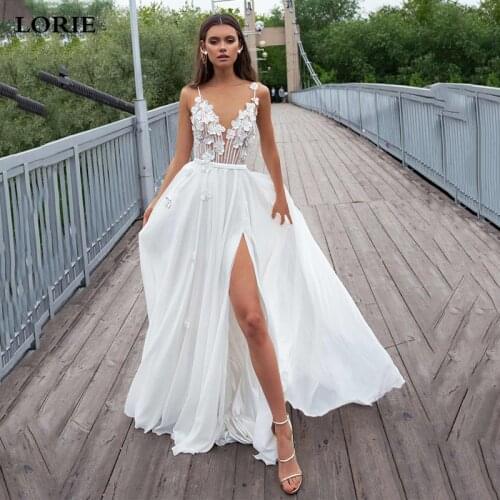 Lorie Beach Wedding Dress Chiffon spaghetti Bridal Dresses With 3D Flowers High Side Split Boho Wedding Gowns Vestidos de novia