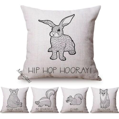 2020 Forest Animals Pattern Print Throw Pillow Case Fox Rabbit Bear Pencil Drawing Art Home Bedroom Cushion Cover For Sofa Seat