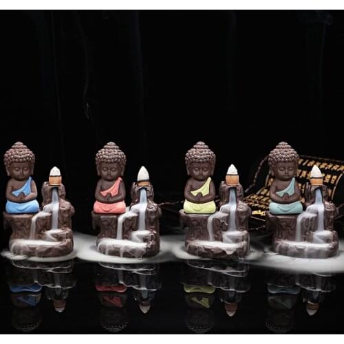 50pcs Incense Cones or Burner The Little Monk Small Buddha Censer Ceramic Waterfall Backflow Incense Burner Holder Home Decor