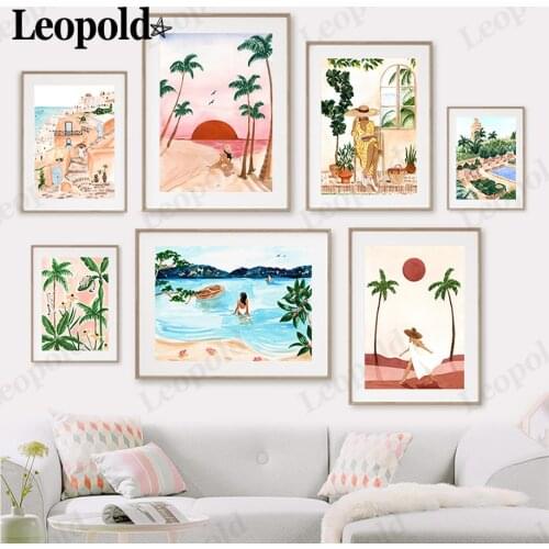 Abstract Landscape Beach Canvas Painting Coast Beach Girl Poster Wall Art Nordic Home Living Room Decoration Accessories