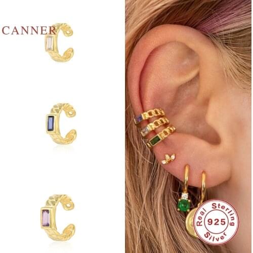 CANNER 1pcs 925 Sterling Silver Earrings For Women Square Colored Zircon Ear Clip Ear Piercing Pendiente Mom Gift 2021 Trend