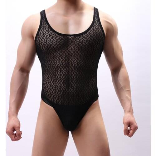 Men Sexy Mesh Bodysuit Wrestling Singlet Fetish Gay Male Jockstrap Underwear Erotic Lingerie Fitness Suit See Through Jumpsuits