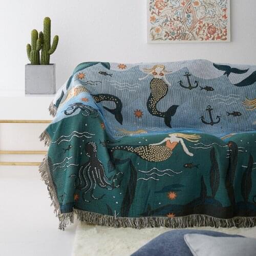 Mermaid Design Sofa Cover Nordic Sofa Cover Full Cover Rectangle Cotton Fabric Use for Living Room Home Decoration High Quality