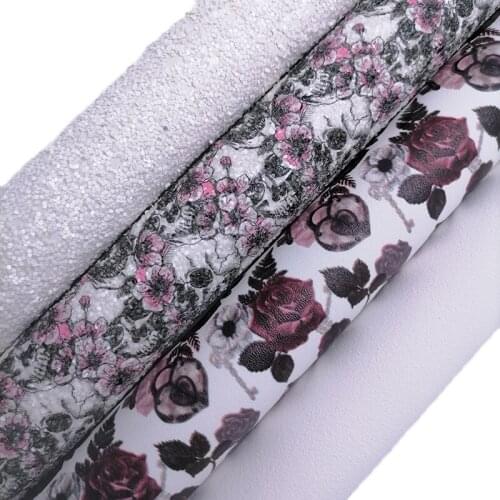 Halloween Skulls Printed Glitter leather, Rose Flowers Printed synthetic leather, White Faux Leather For Bows DIY 21x29CM KM697
