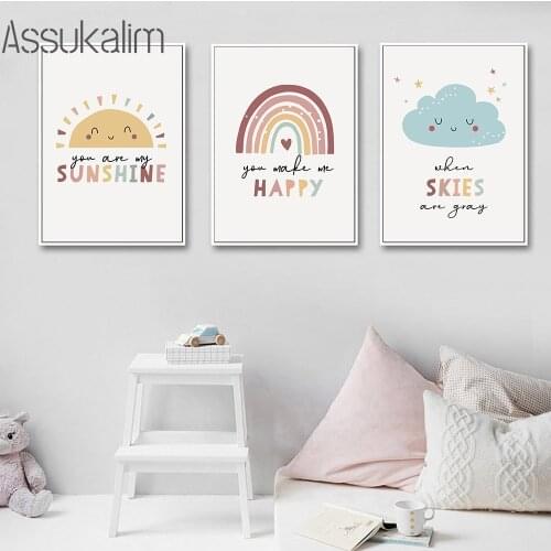 Nursery Wall Art Poster Sun Cloud Posters Rainbow Canvas Painting Quotes Prints Nordic Wall Pictures For Baby Kids Room Decor