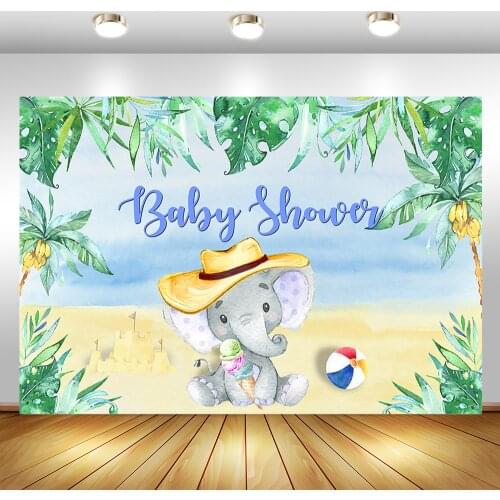 Baby Shower Backdrop for Summer Elephant Photography Background Beach Green Leaves Baby Shower Party Decoration Backdrops