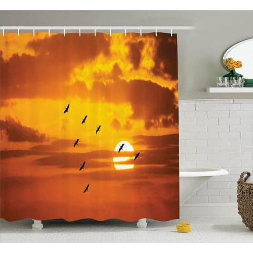 Flying Birds Shower Curtain V Shaped Formation Flying in Cloudy Sky with a Shining Sun at Sunset Cloudscape Bathroom Curtains