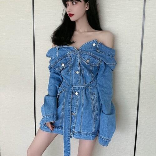 Zoki Sexy Women Denim Jacket Spring Elegant Belt Tunic Long Sleeve Blue Jeans Long Coat Korean Casual Turn Down Collar Outwear
