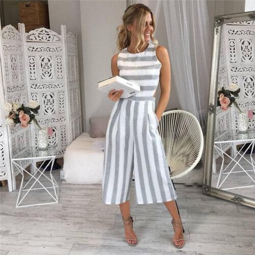 Summer Womens Strap Vertical Striped Jumpsuit Sleeveless Backless Long Jumpsuit Woman Ladies Playsuit Bodysuit