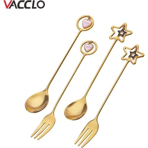 Vacclo 6pcs/set Creative Stainless Steel Spoon Pendant Star Spoon Heart Shaped Coffee Stirring Spoon Fork Set