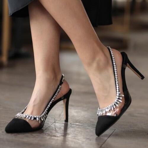 Mio Gusto Brand NAOMI, Black Suede Color, 8Cm Heel-height Gem Stone, Decorated women Sexy Dress Pumps Shoes