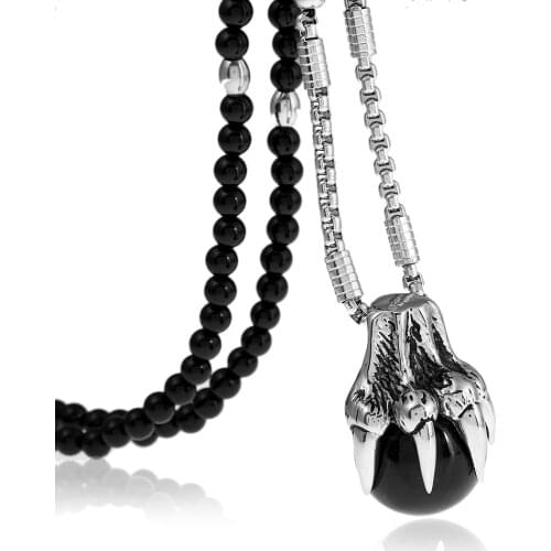 Mens Gothic Stainless Steel Dragon Claw Black Ball Pendant Necklace with Black Natural Stone Chain 26"