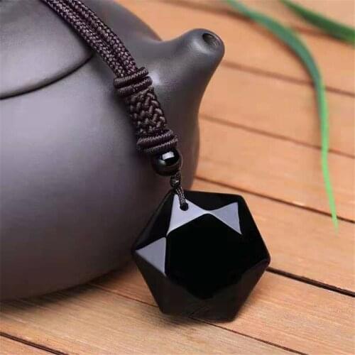 Natural Black Obsidian Pendant Necklace Obsidian Crystal Pendant Necklace Pattern with Extend Bead Chain for Men or Women