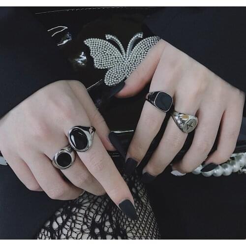 HUANZHI 2020 New Hip Hop Punk Black Geometric Round Square Oval Digital Silver Colour Rings for Women Men Couple Jewelry