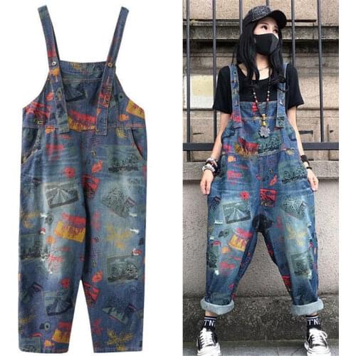 New High Quality M-XXL Women Denim Large Size Loose Cropped Overalls Women Casual Oversize Printed Retro Jumpsuit