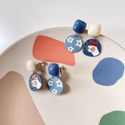Origin Summer Funny Cartoon Duck Flowers Dangle Earrings for Women Colorful Enamel Geometric Asymmetric Earrings Holiday Jewelry