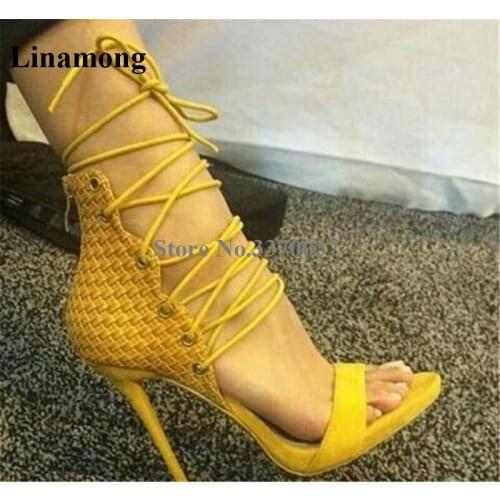 Women Elegant Fashion Open Toe Suede Patchwork Leather Stiletto Heel Gladiator Sandals Lace-up Yellow Blue High Heel Sandals