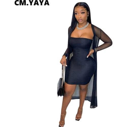 CM.YAYA Women Set Solid Mesh See-through Sleeveless Strapless Dress Full Sleeve Long Cloak Two Piece Sets Sexy Clubwear Summer