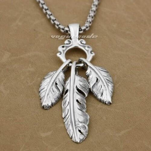 Three Feathers 925 Sterling Silver Mens Biker Rock Punk Pendant 9E014