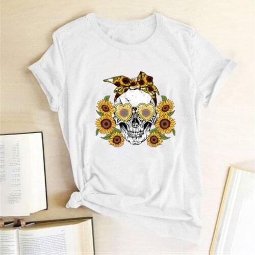 Skull Sunflowers Print T-shirts Women Summer 2020 Graphic Tees Gothic Shirts for Women Loose Aesthetic Clothes Ropa Mujer