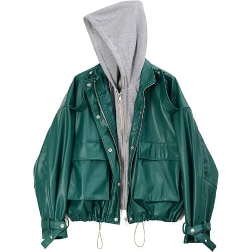 Fake Two-piece PU Leather Jacket Female 2021 New Spring Loose Hooded Drawstring Stitching Sweatshirt Jacket Women Coat NS2464