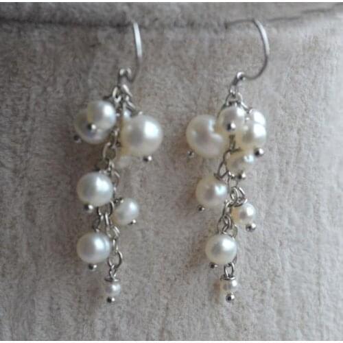 Fine Jewelry Women Pearl Earrings 2-7mm Grape White Real Freshwater Pearl Earring 925 Sterling Silver Dangle Jewelry