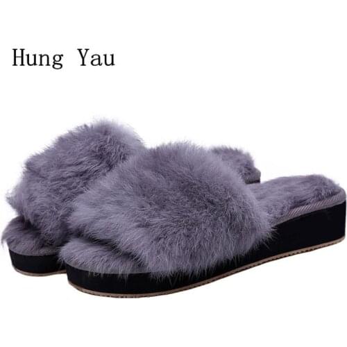 Women Flips Flops 2018 Winter Warm Real Fur Shoes Woman Slippers Fashion Platform Female Slides Shoes Woman Flat Slippers Women