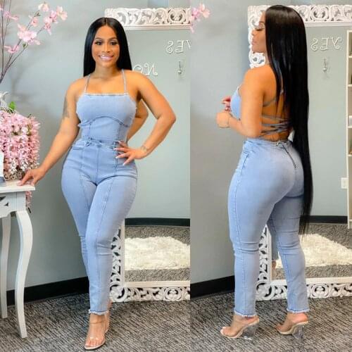 Hirigin Sexy Backless Lace Up Bandage Hollow Out Jumpsuit Women Off Shoulder Denim Long Jumpsuit Sleveless Summer Overalls 2021