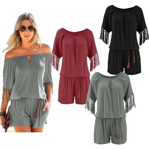 Womens one line collar short sleeve tassel Jumpsuit cool casual Jump Beach Rompers Sleeveless Bodycon Sexy Playsuit