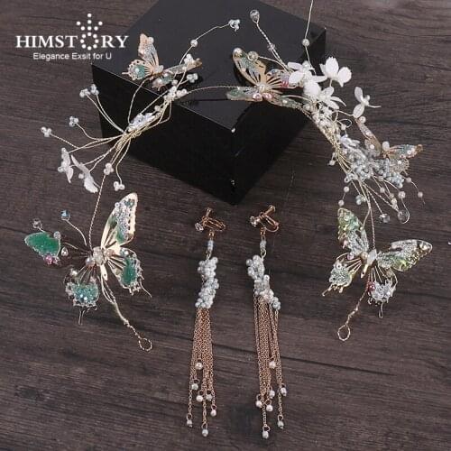 HIMSTORY Vintage Wedding Blue Butterfly Bridal Hairband Handmade Princess Hair Ornaments Hair Accessories
