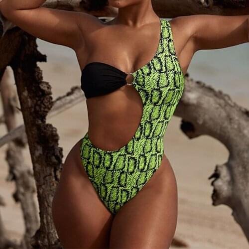 2020 Snake Print One Shoulder One Piece Swimsuit Women print Swimwear Sexy Monokini Bather High Cut Bathing Suit Swim Suit mayo