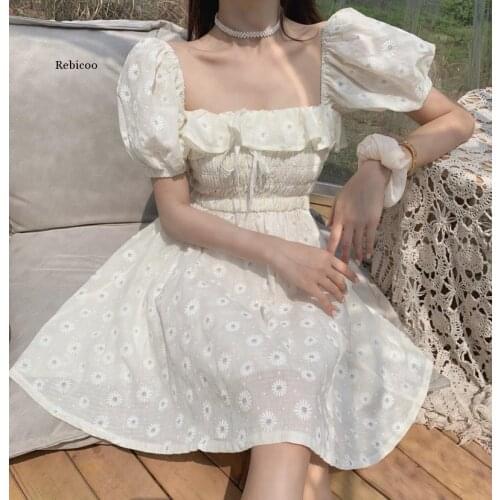 Retro Embroidery Hole Stitching Lace Cross Lacing up Short Sleeve Short Dress for Woman White French Mini Dresses Holiday