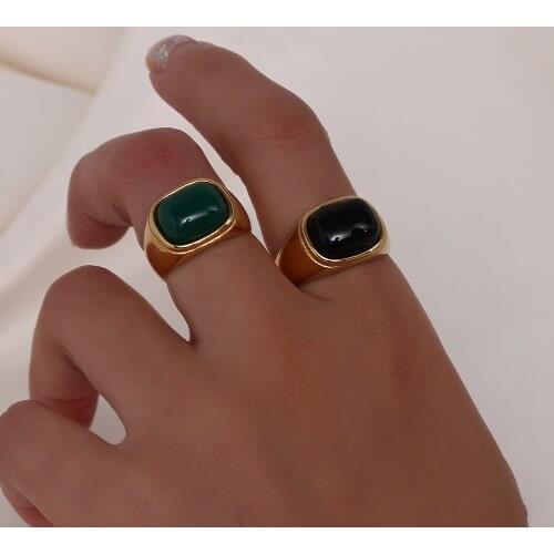 18K Gold Plated Stainless Steel Round Square Bold Chunky Gold Rings High Grade Natural Green Black Carnelian Stone Ring