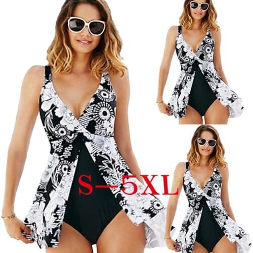 2020 New Plus Size XXXL One Piece Swimsuit With Skirt Sexy Deep V Print Bird Vintage Big Swimwear Beach Large 5XL Bathing Suit