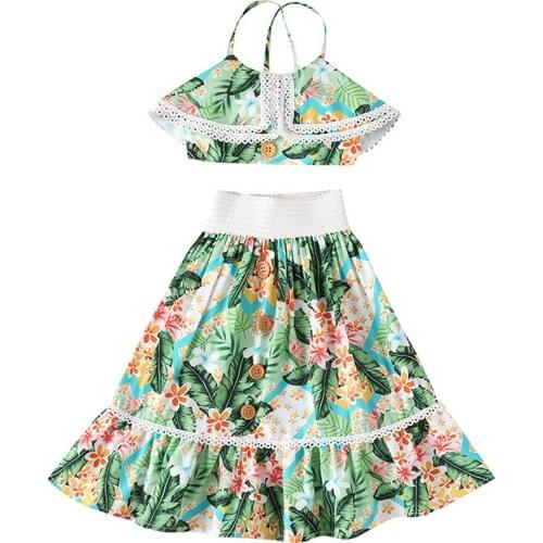 2021 Fashion Infant Baby Girls Floral Print Sleeveless Spaghetti Strap Tops+ Long Skirt for Summer, Green 1-6T