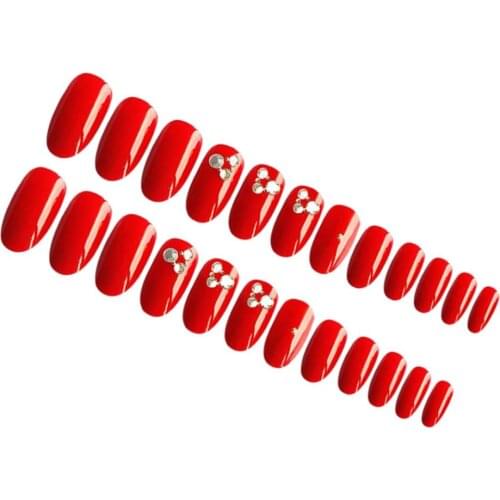 24pcs Oval French DIY Full Cover False Nail Tips Nails Tip W/ Rhinestone Red